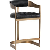 Beaumont Counter Stool in Tufted Black Leather & Antique Brass